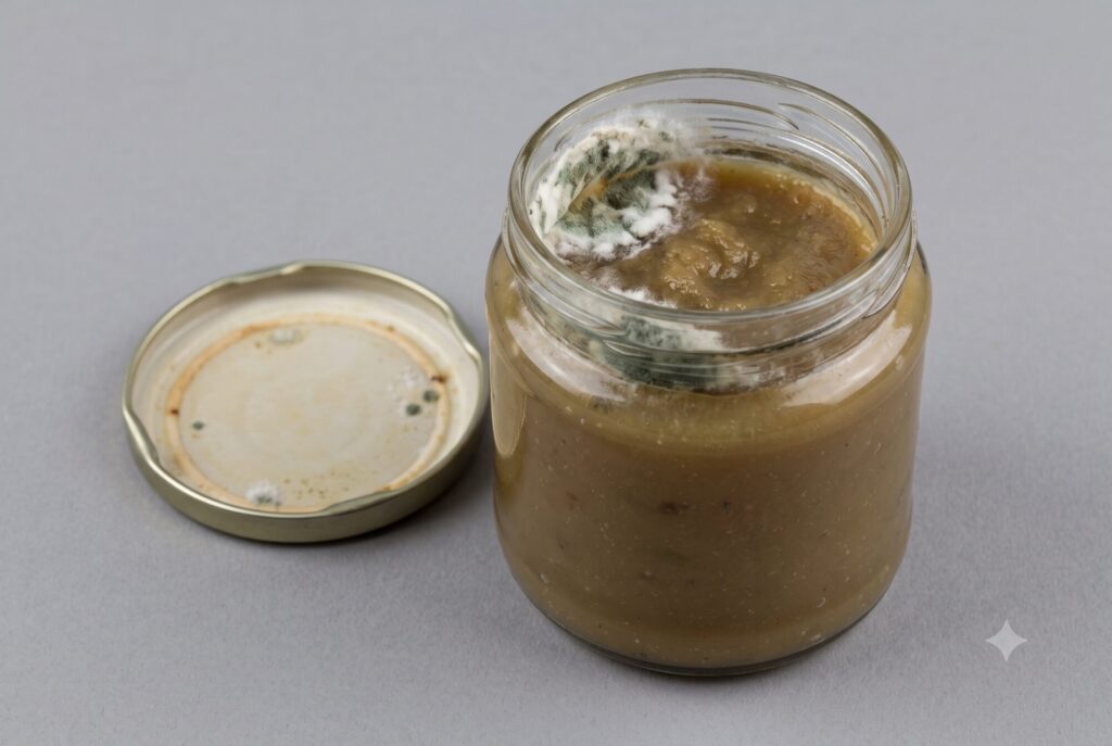 Geöffnetes Vorratsglas mit verdorbenem Apfelmus und Schimmel am Deckelrand