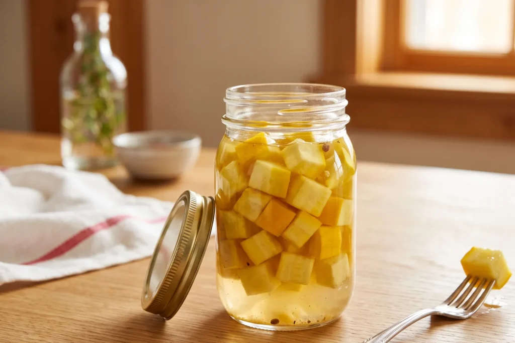 Ein Glas mit Zucchiniwürfeln in goldgelbem Ananassaft, daneben eine Gabel mit einem Würfel