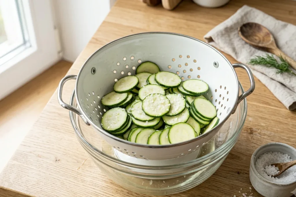 Gesalzene Zucchinischeiben in einem Küchensieb über einer Glasschüssel, daneben eine kleine Schale grobes Salz