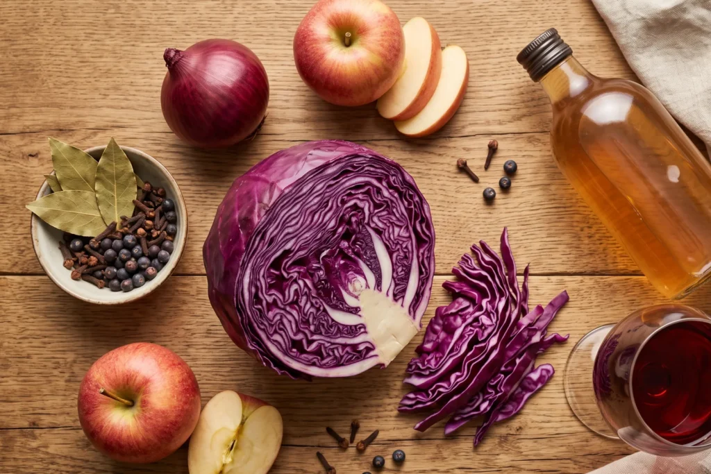 Angeschnittener Rotkohlkopf mit Apfel, Zwiebel, Lorbeer, Nelke, Wacholder, Apfelessig und Rotwein auf einem Holztisch