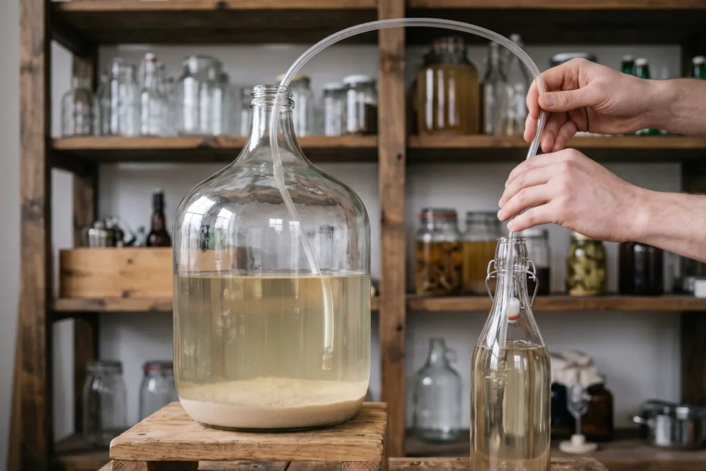 Ein Schlauch führt aus dem Glasballon in eine Flasche, klarer Cidre läuft ab, unten im Ballon liegt sichtbar das Hefedepot