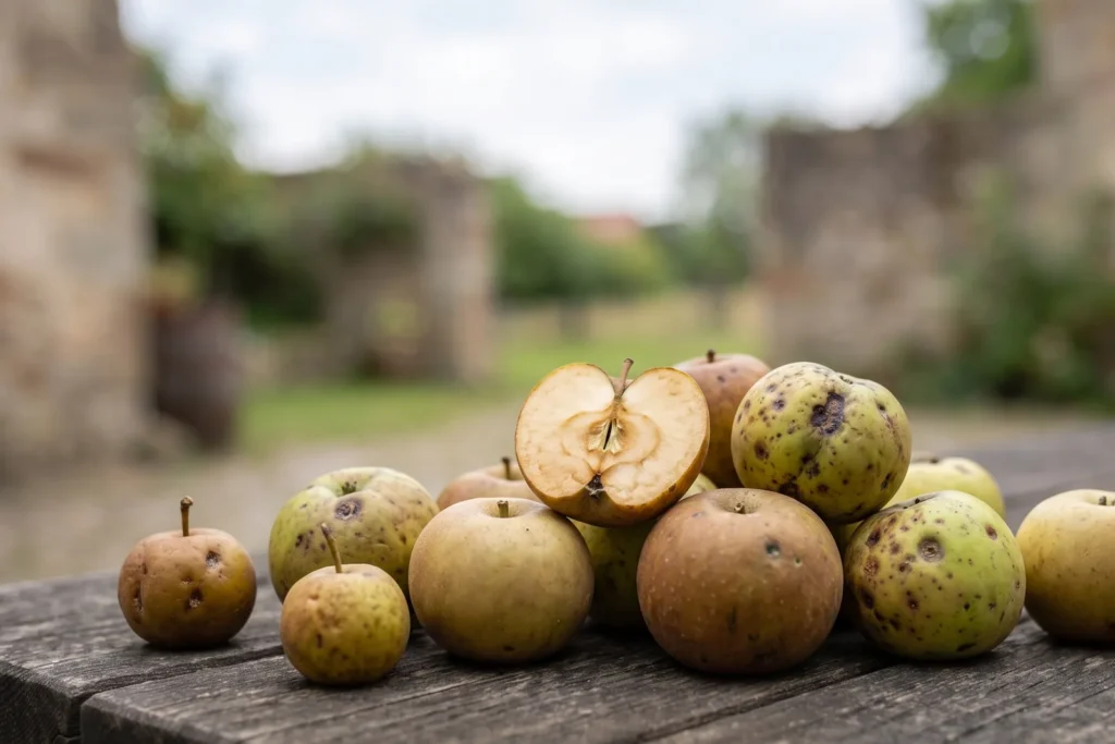 Gemischte Auslese kleiner, harter, später Äpfel und einiger unansehnlicher Wildlinge, dazwischen ein aufgeschnittener Apfel mit leicht bräunender Schnittfläche
