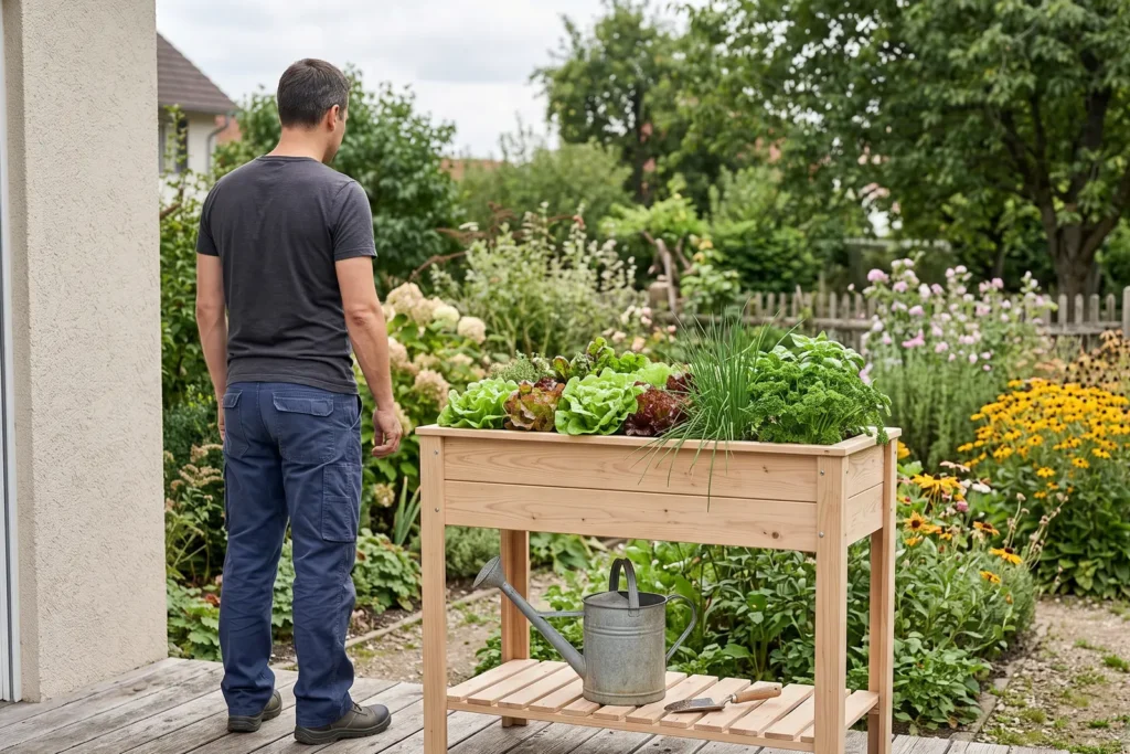 Kleines Standhochbeet aus Holz auf einer Terrasse, bepflanzt mit Salat und Kräutern