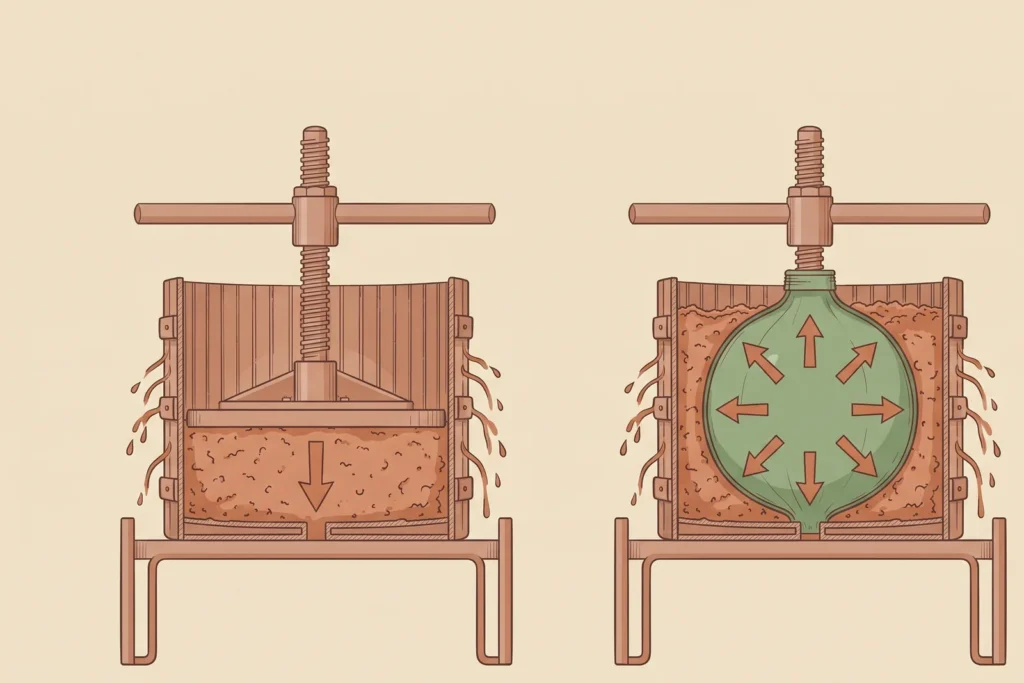 Illustration zweier Pressen im Prinzipvergleich: eine Spindel mit Druckplatte drückt von oben, ein Balg drückt von innen nach außen