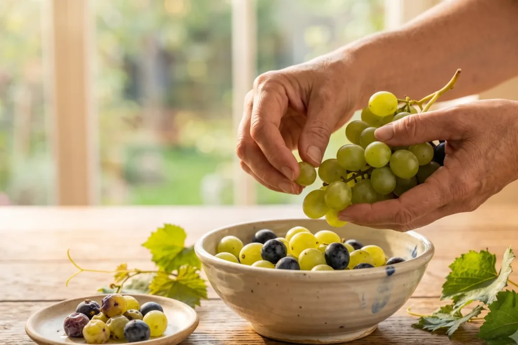Hände zupfen Traubenbeeren von der Rispe in eine Schüssel, daneben liegen aussortierte weiche Beeren