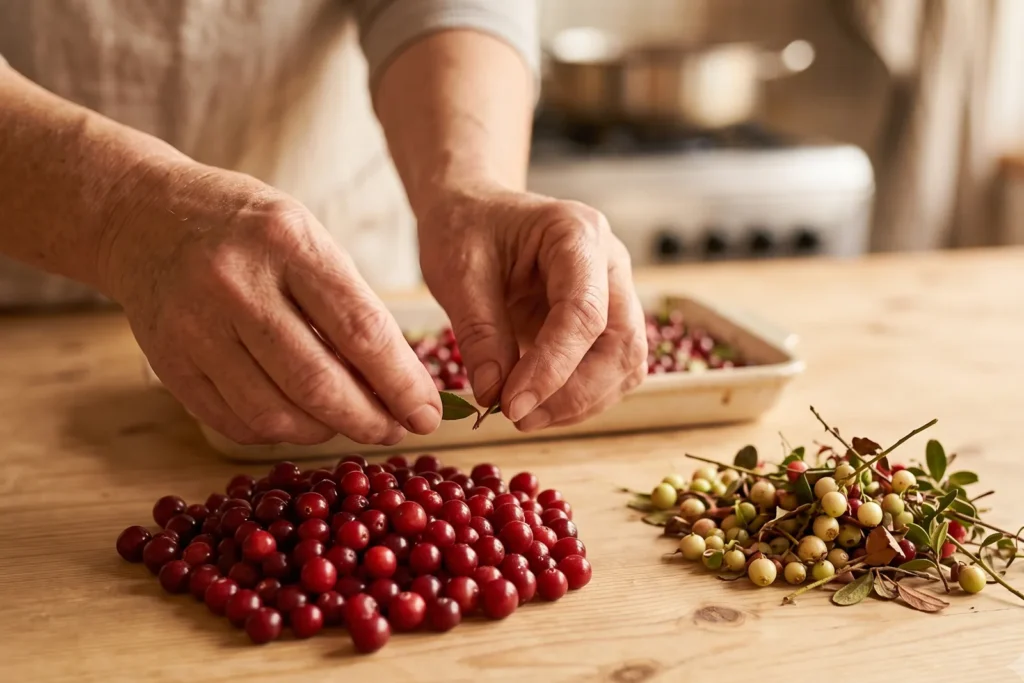 Hände verlesen Preiselbeeren auf einem Tisch: tiefrote Beeren auf der einen Seite, helle unreife Beeren und Blättchen auf der anderen