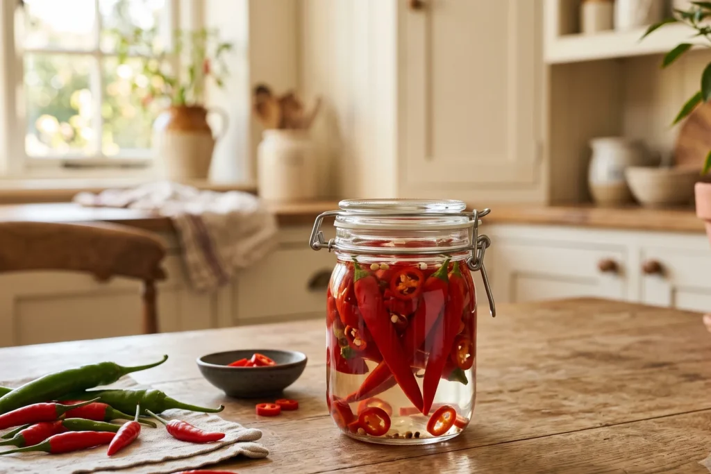 Kleine Einmachgläser mit roten Chilischoten und Chiliringen in klarem Sud auf einem Holztisch
