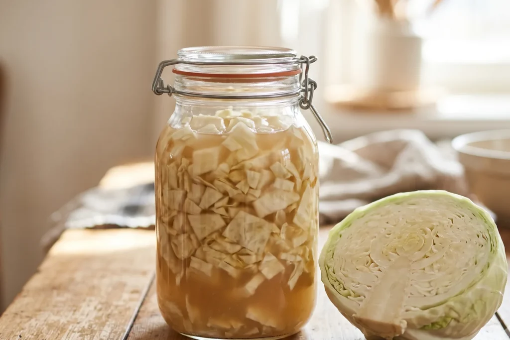 Bügelglas mit grob geschnittenem, fermentiertem Weißkohl in trüber Lake, daneben ein halbierter Weißkohlkopf