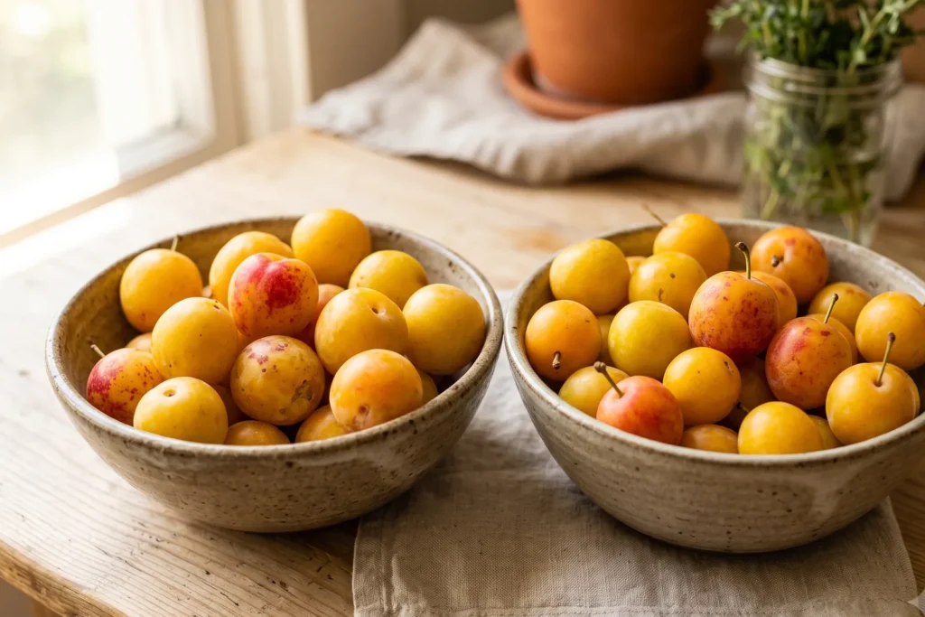 Zwei Schälchen mit kleinen gelben Früchten nebeneinander: links Kirschpflaumen, rechts Mirabellen, kaum zu unterscheiden