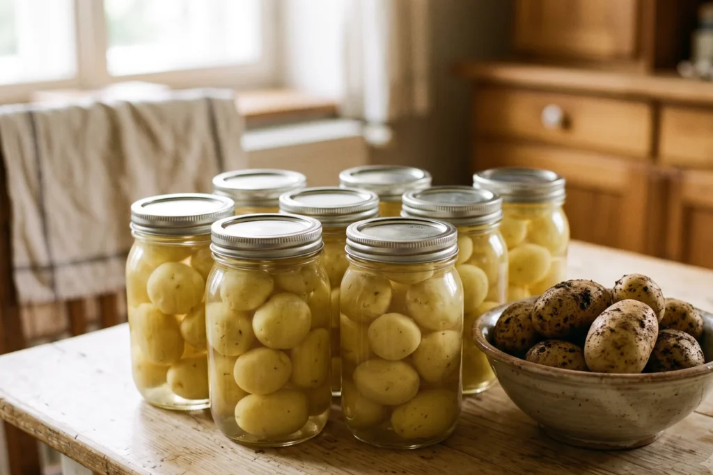 Verschlossene Einmachgläser mit kleinen hellen Kartoffeln in klarer Lake auf einem Holztisch in einer hellen Küche