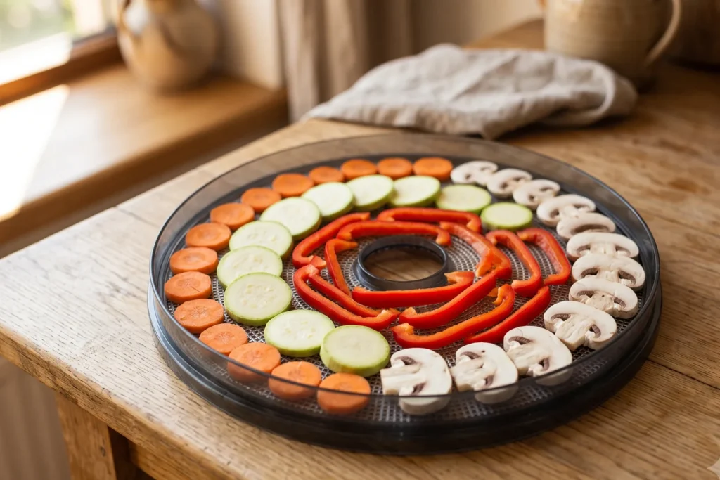 Dörrgitter mit Möhrenscheiben, Zucchinischeiben, Paprikastreifen und Pilzscheiben in Reihen belegt