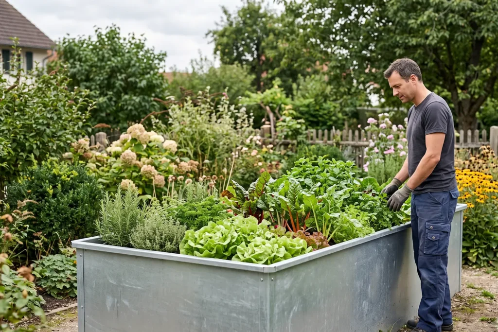 Bepflanztes Hochbeet aus verzinktem Metall in einem Hausgarten, daneben ein Mann mit Gartenhandschuhen