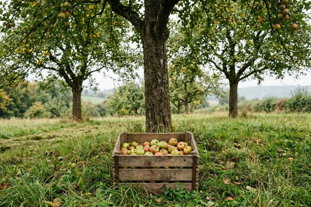 Blick unter zwei alte Apfel-Hochstämme mit freiem Stamm, im Vordergrund eine halb gefüllte Erntekiste mit ungleich großen, teils gefleckten Äpfeln