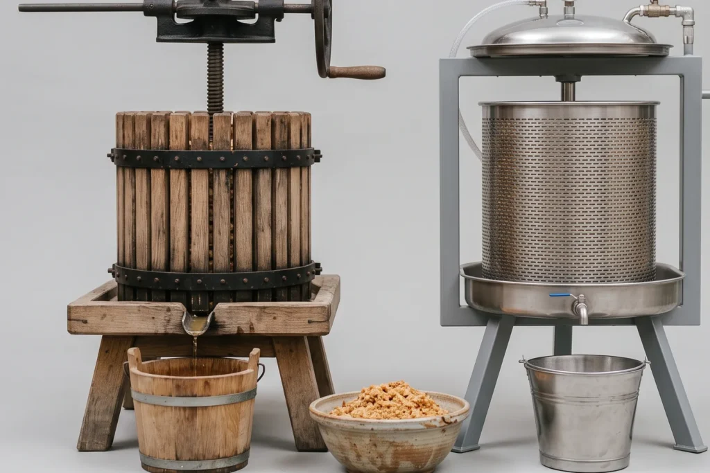 Illustration zweier Obstpressen nebeneinander: eine Spindelpresse mit Holzkorb neben einer Hydropresse mit Edelstahlkorb, dazwischen eine Schale mit gemahlener Apfelmaische