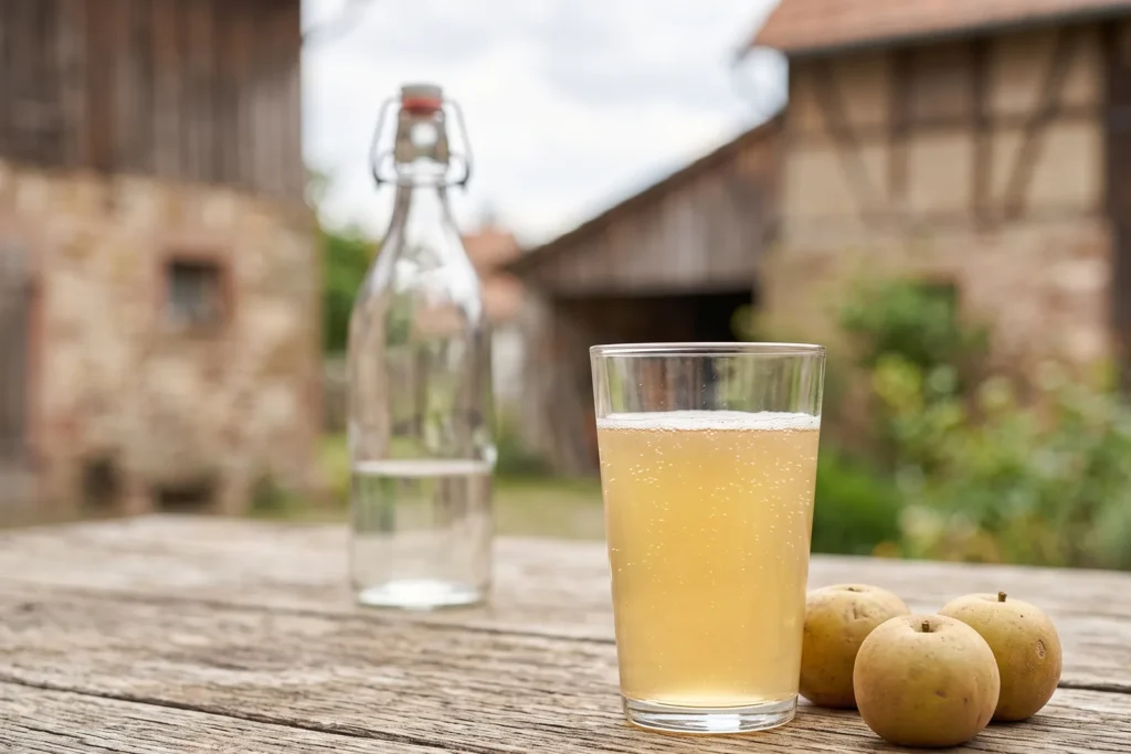 Glas mit leicht trübem, blassgoldenem Cidre mit feinen aufsteigenden Perlen, daneben kleine Äpfel und eine Bügelflasche