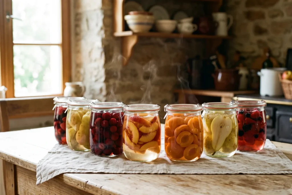 Reihe frisch eingeweckter Gläser mit Obst kühlt auf einem Geschirrtuch auf einem hellen Küchentisch aus