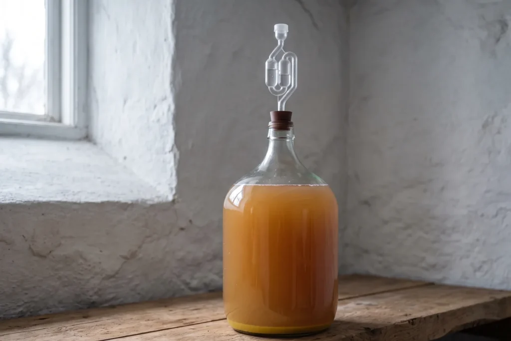 Glasballon mit trübem, bernsteinfarbenem Apfelwein auf einer Holzbank im Keller, Gärröhrchen im Gummistopfen, Hefesatz am Boden