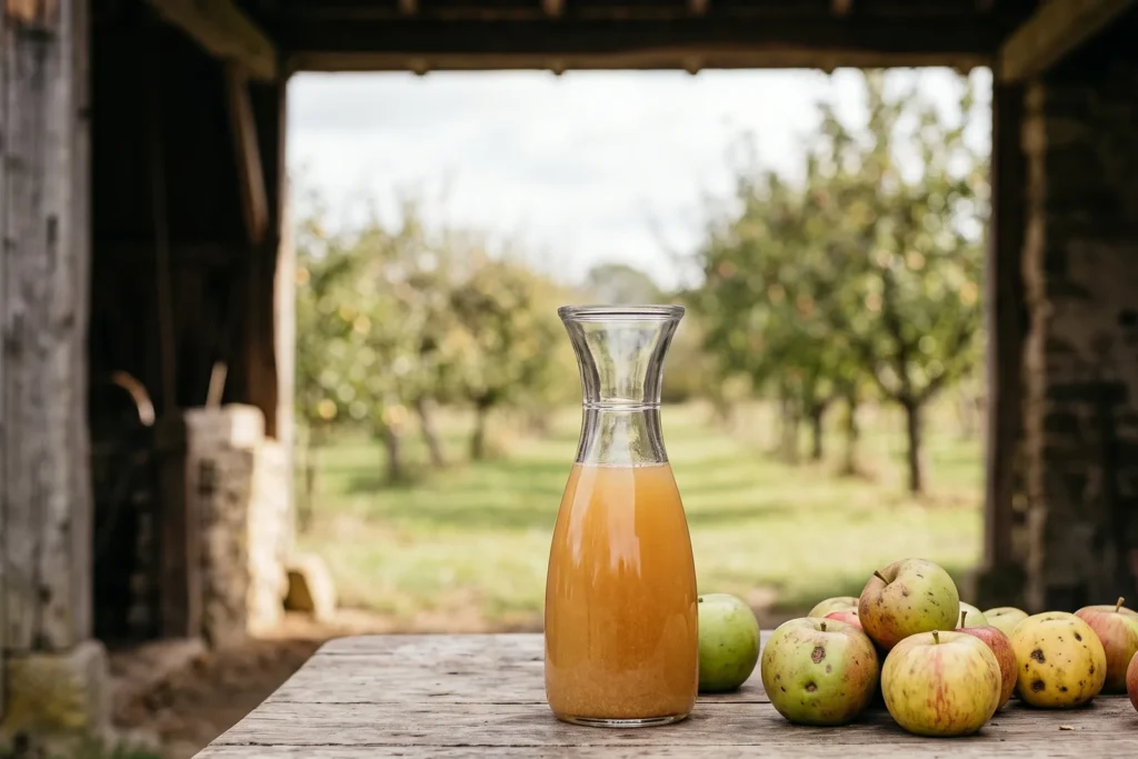 Karaffe mit trübem Apfelsaft auf einem Holztisch, daneben ungleich große Streuobst-Äpfel