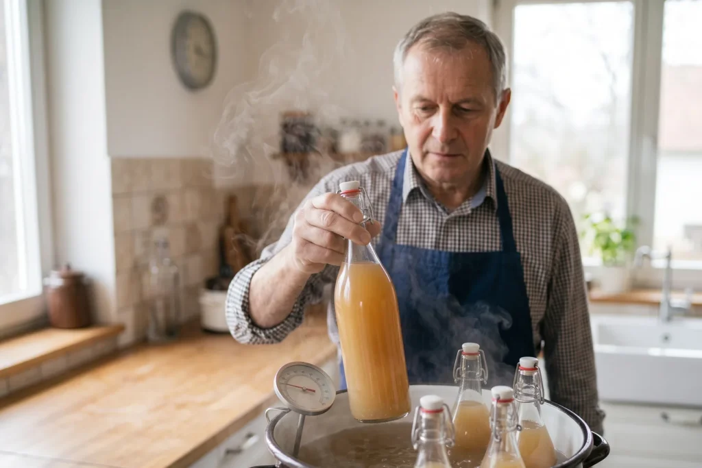 Ein Mann hebt eine gefüllte Bügelflasche aus dem Wasserbad eines Einkochtopfs, vier weitere Flaschen mit trübem Apfelsaft stehen darin, am Topfrand hängt ein Thermometer