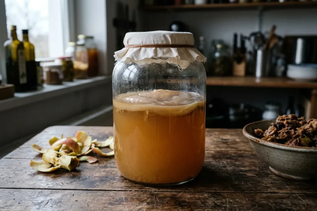 Weithalsiges Glas mit trübem, bernsteinfarbenem Apfelessig-Ansatz und aufgebundenem Tuch, daneben Apfelschalen und eine Schüssel Trester
