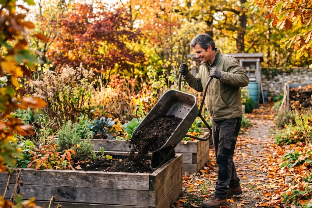 Mann füllt im herbstlichen Garten ein Holz-Hochbeet mit Kompost aus einer Schubkarre auf