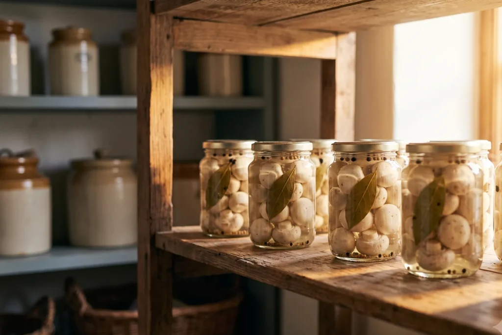 Kleine Einmachgläser mit eingelegten weißen Champignons, Lorbeer und Pfefferkörnern in klarem Sud auf einem Holzregal