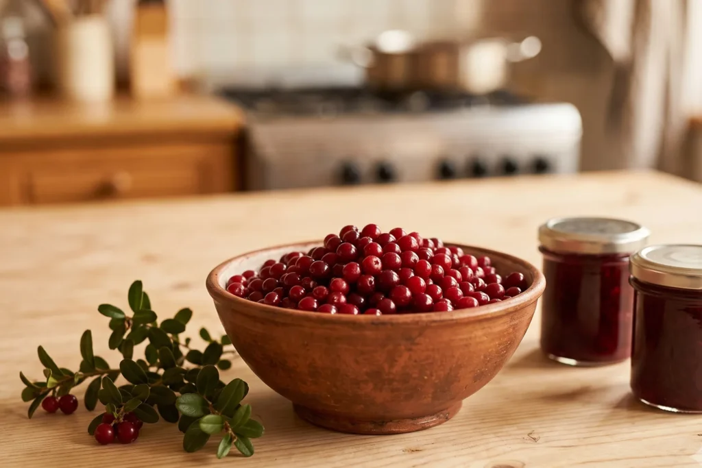 Schale frisch gesammelter tiefroter Preiselbeeren neben kleinen gefüllten Einmachgläsern auf einem Holztisch