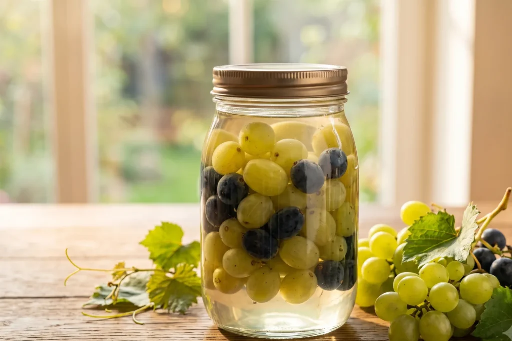 Einmachglas mit hellen und blauen Traubenbeeren in klarem Sud, daneben frische Traubenrispen auf einem Holztisch