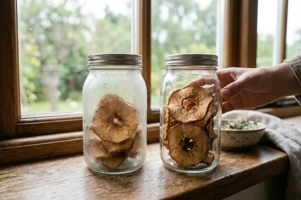 Von innen beschlagenes Vorratsglas mit Apfelringen neben einem klaren Glas mit derselben Ware