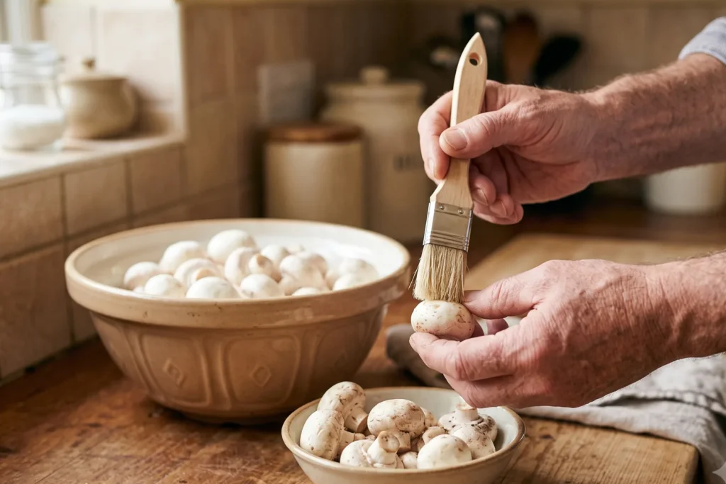 Hände eines älteren Mannes putzen weiße Zuchtchampignons trocken mit einem Pinsel auf einem Holztisch