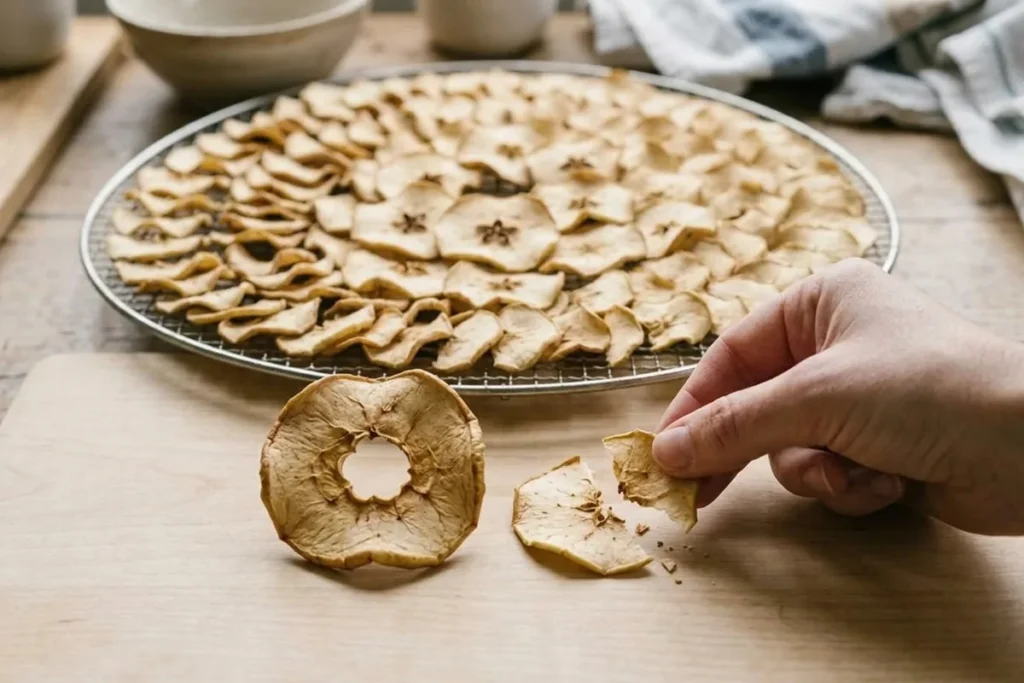 Ein dicker Apfelring liegt flach auf einem Holzbrett, daneben bricht eine Hand ein dünnes Chipstück mit splittriger Kante ab, im Hintergrund ein volles Dörrgitter