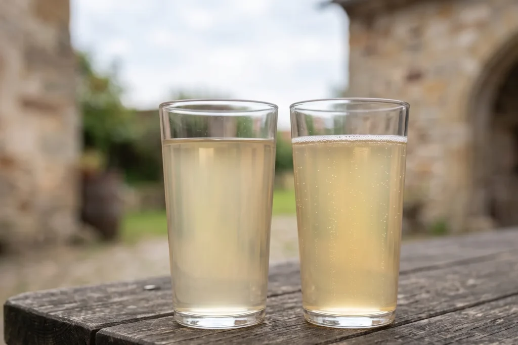 Zwei gleiche Gläser nebeneinander, links stiller, klarer Apfelwein ohne Bläschen, rechts trüberer Cidre mit feiner Perlage und schmalem Schaumkranz bei gleicher Füllhöhe