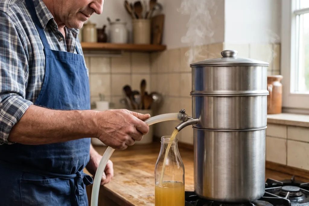 Heißer Saft läuft aus dem Schlauch eines Dampfentsafters in eine Glasflasche, Dampf steigt auf