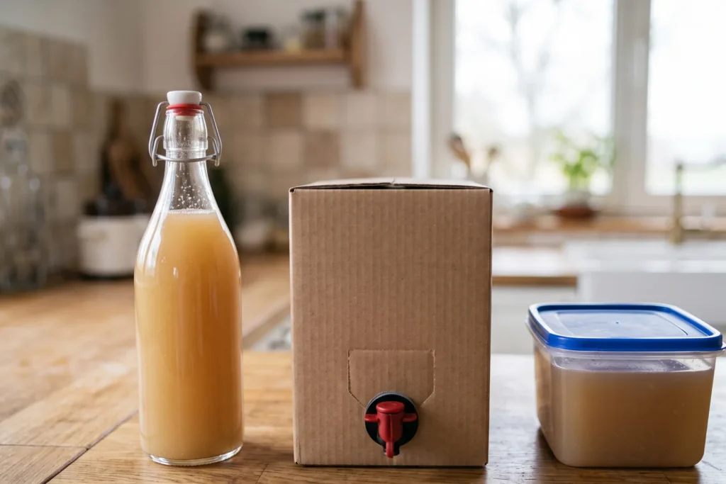 Bügelflasche, Bag-in-Box-Karton mit Zapfhahn und ein Gefrierbehälter mit Apfelsaft stehen nebeneinander