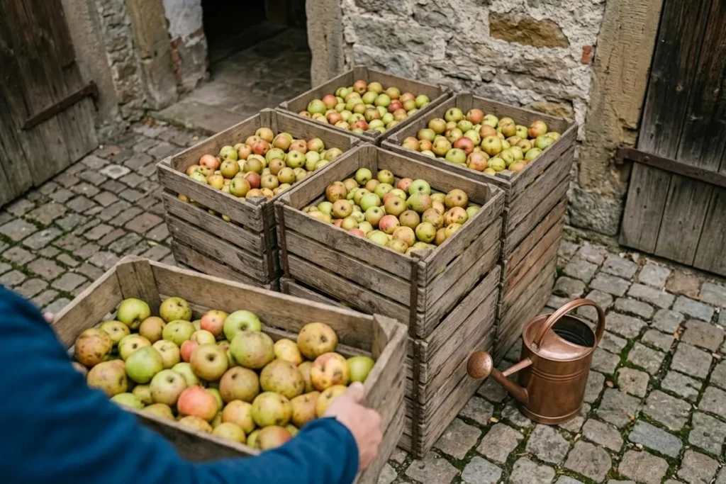 Mehrere gestapelte volle Erntekisten mit Äpfeln in einem Hof, von schräg oben fotografiert