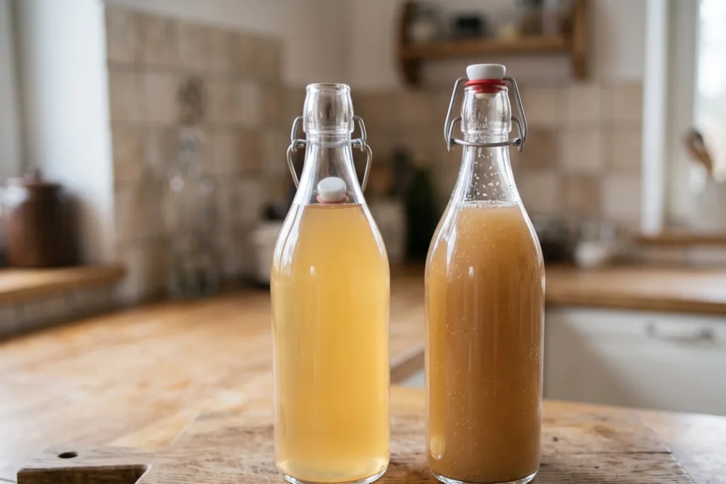 Zwei Bügelflaschen mit Apfelsaft nebeneinander: links heller und ruhig, rechts trüb mit feinen Bläschen an der Glaswand und Schaum unter dem Verschluss