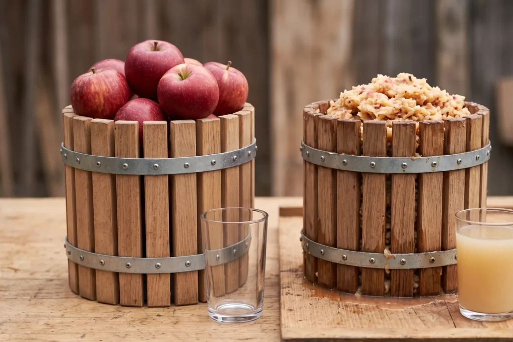 Ganze Äpfel im Presskorb neben sauber gemahlener Apfelmaische, dazu das jeweilige Saftergebnis im Glas