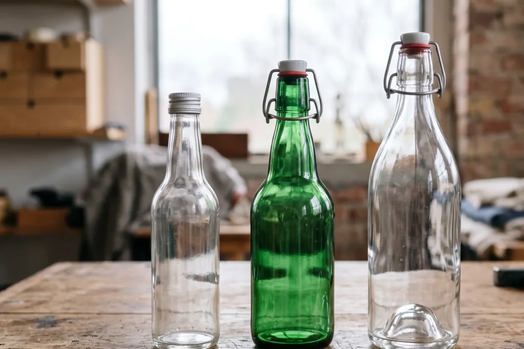 Drei Glasflaschen nebeneinander auf einer Werkbank: dünnwandige Flasche mit Schraubverschluss, grüne Bügelflasche und große klare Bügelflasche mit dick gewölbtem Boden