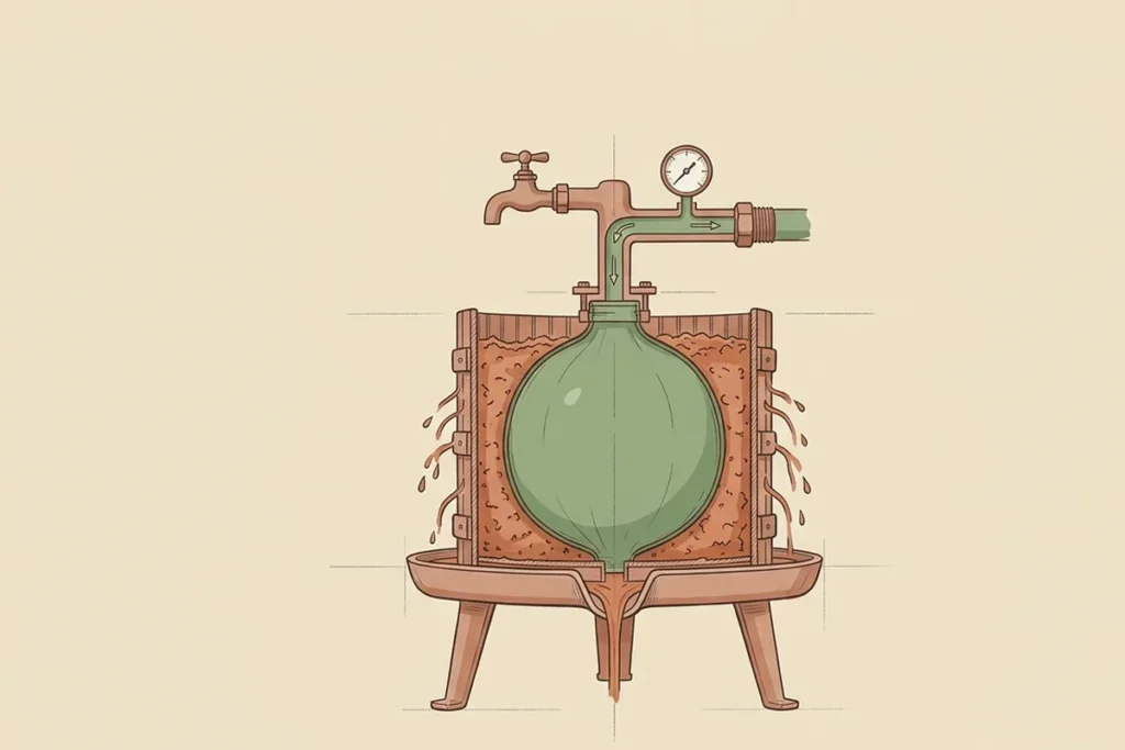 Illustration des Funktionsprinzips einer Hydropresse im Querschnitt: Wasser füllt einen innenliegenden Gummibalg, der die Maische nach außen gegen die Korbwand drückt