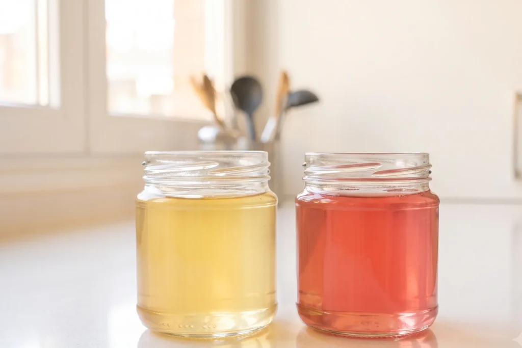 Zwei Gläser im Vergleich: links blassgelber Quittensaft, rechts fertiges Gelee in kräftigem Rosarot