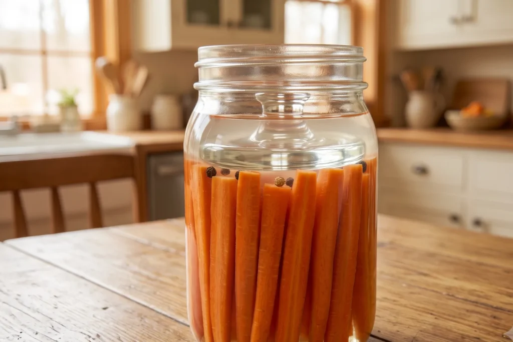 Ein rundes Glasgewicht drückt Möhrensticks unter die Salzlake, die Flüssigkeit steht sichtbar über dem Gemüse