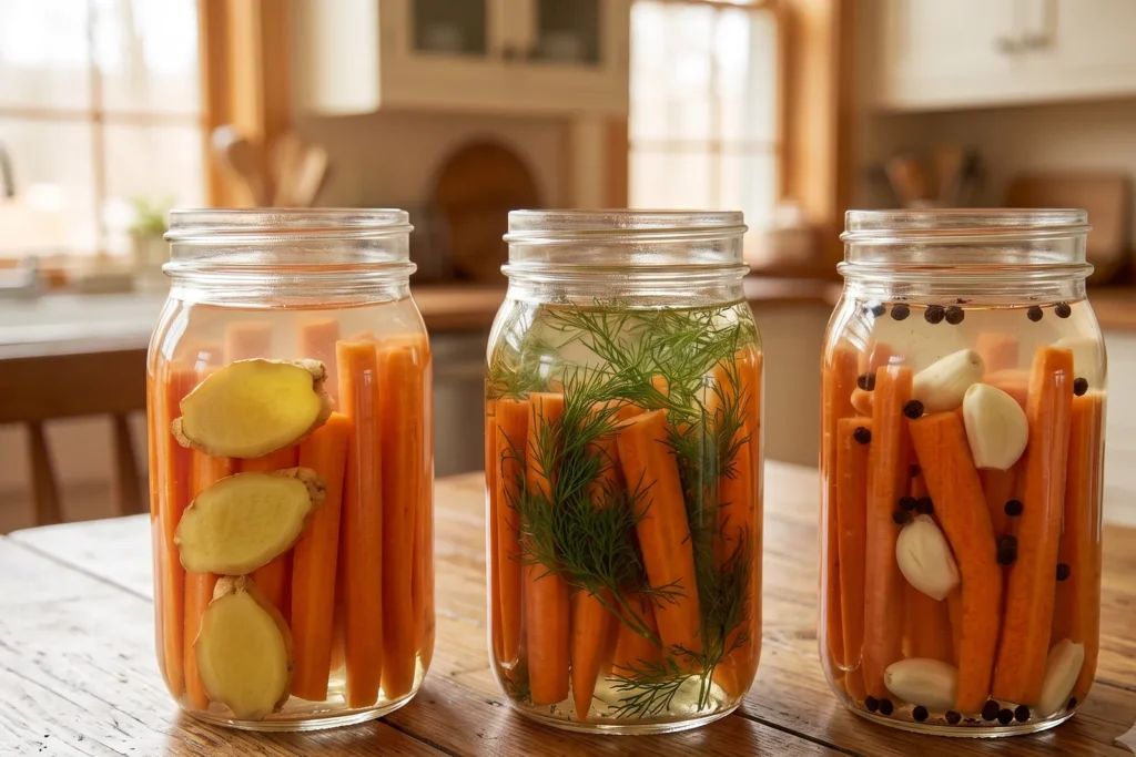 Drei Gläser mit Möhrensticks nebeneinander, eines mit Ingwerscheiben, eines mit Dillzweigen, eines mit Knoblauchzehen