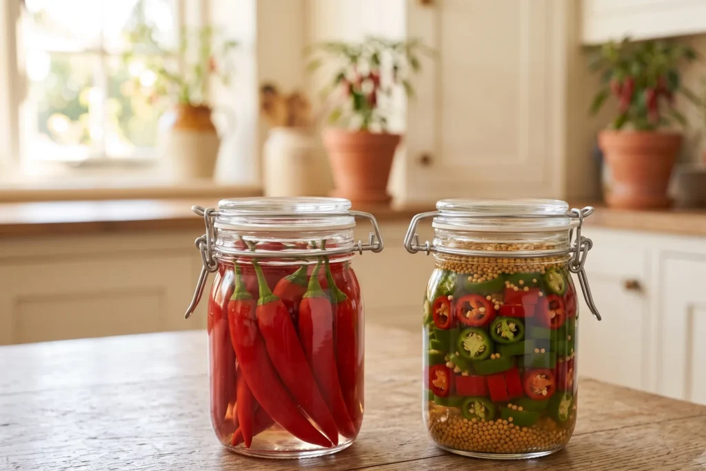 Zwei kleine Einmachgläser nebeneinander, links ganze eingelegte Chilischoten, rechts eingelegte Chiliringe