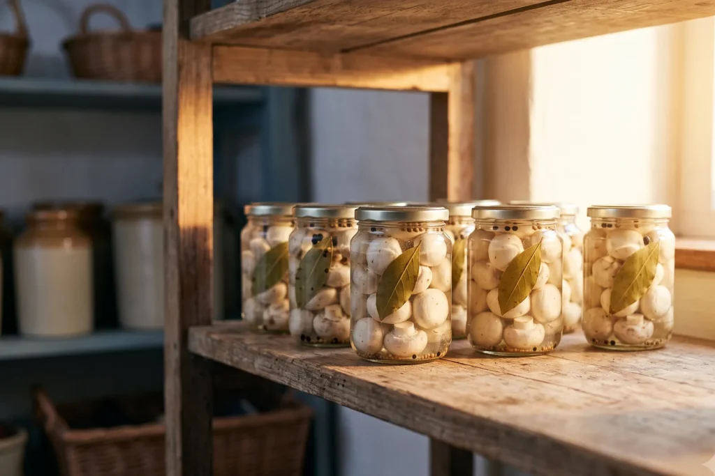 Verschlossene kleine Einmachgläser mit eingelegten Champignons stehen in einer Reihe auf einem Kellerregal