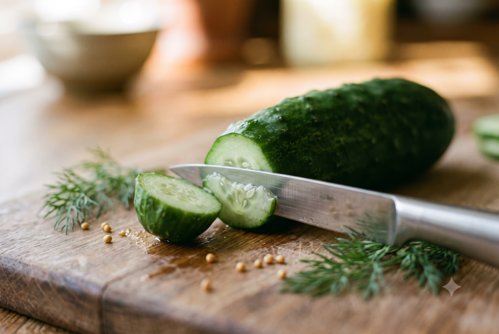 Ein Messer trennt das Blütenende einer frischen Einlegegurke auf einem Holzbrett ab, daneben Dill und Senfkörner