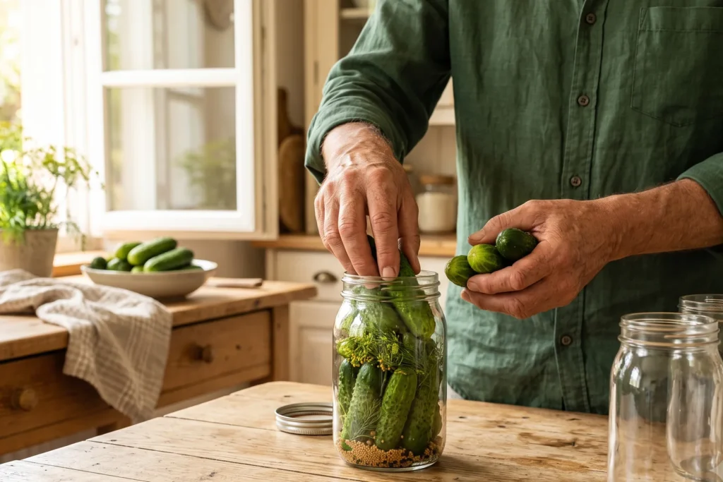 Hände eines älteren Mannes schichten Einlegegurken aufrecht und dicht in ein Einmachglas mit Dill und Gewürzen