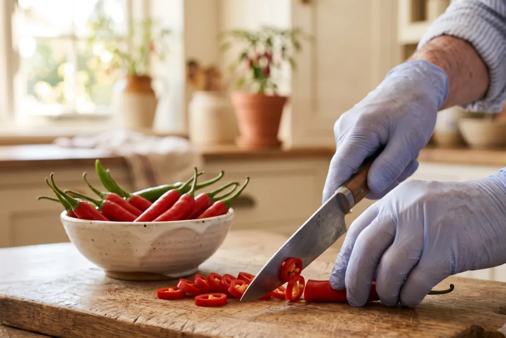 Hände eines älteren Mannes in Einweghandschuhen schneiden rote Chilischoten auf einem Holzbrett in Ringe