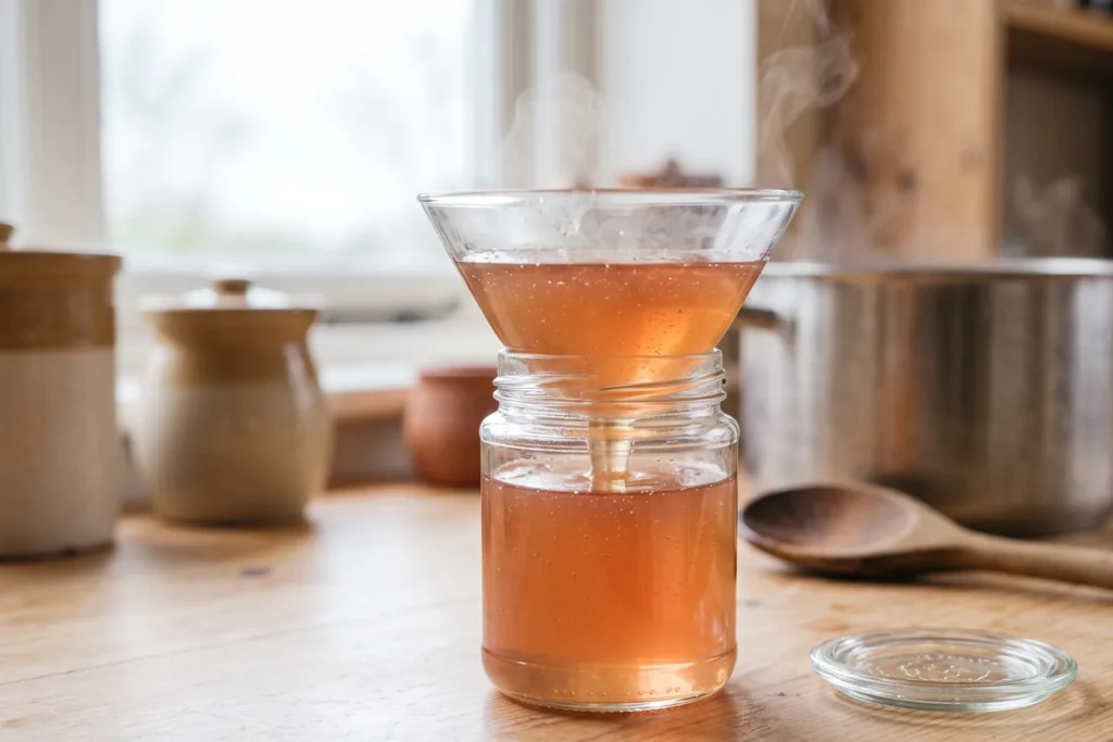 Quittengelee läuft dampfend durch einen breiten Glastrichter in ein Glas, das erst zu gut zwei Dritteln gefüllt ist, der Deckel liegt daneben bereit