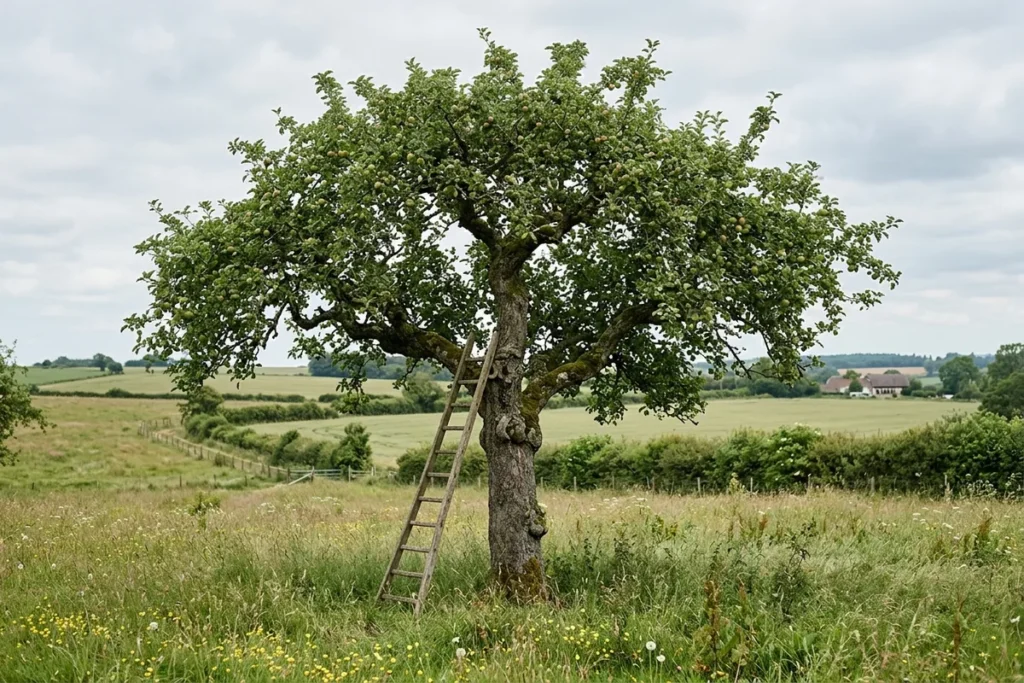 Ein Apfel-Hochstamm mit klar erkennbarem freiem Stamm bis zum ersten Ast, eine angelehnte Leiter als Größenvergleich