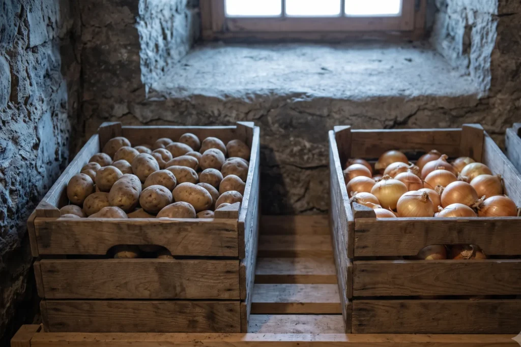 Zwei getrennte Holzkisten im Keller, in einer Kartoffeln, in der anderen Zwiebeln